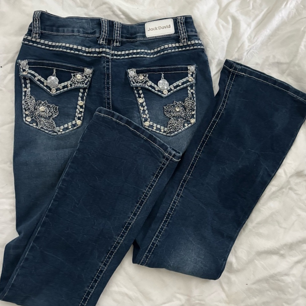 Blue Floral Embellished Boot Cut Jeans
